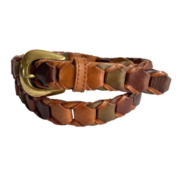 Vintage Woven Leather Belt Brown Tan Neutral Chain Link Unisex Mens Womens XL - Picture 1 of 8
